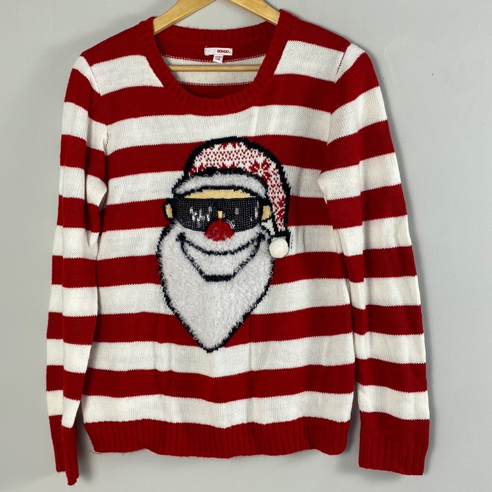 BONGO Vintage Santa ´s womens striped red-white Holiday Ugly Christmas sweater L